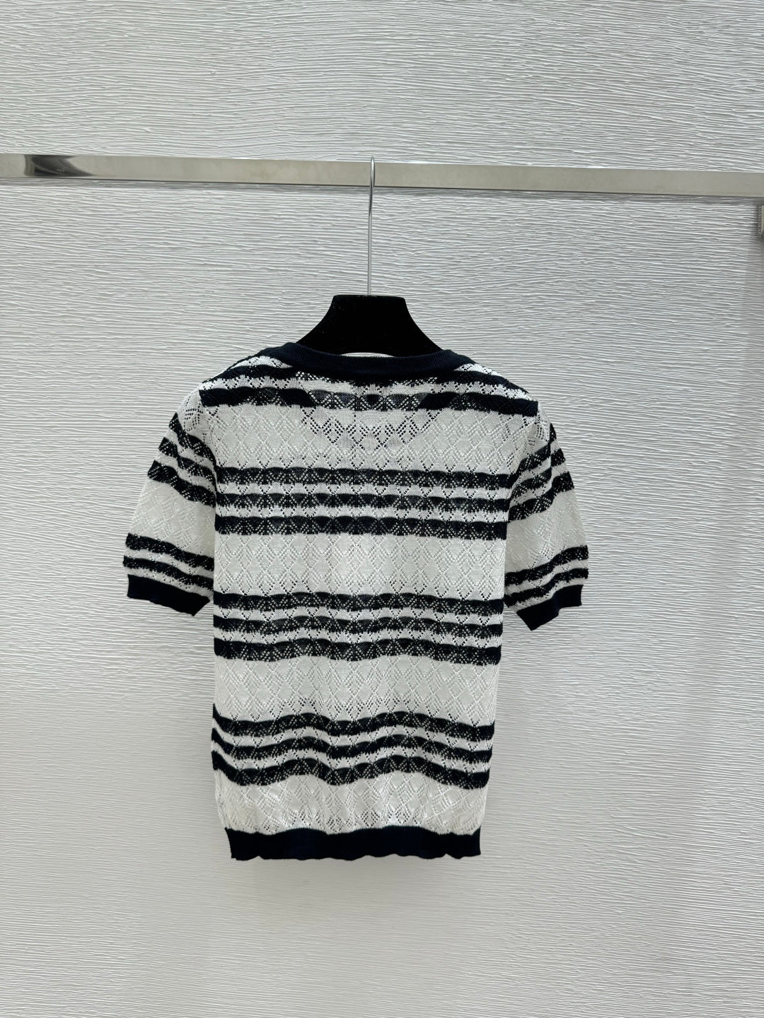 Chanel 2026 Striped Knit Short-sleeved Top Blue and Black Wool Cashmere 368362
