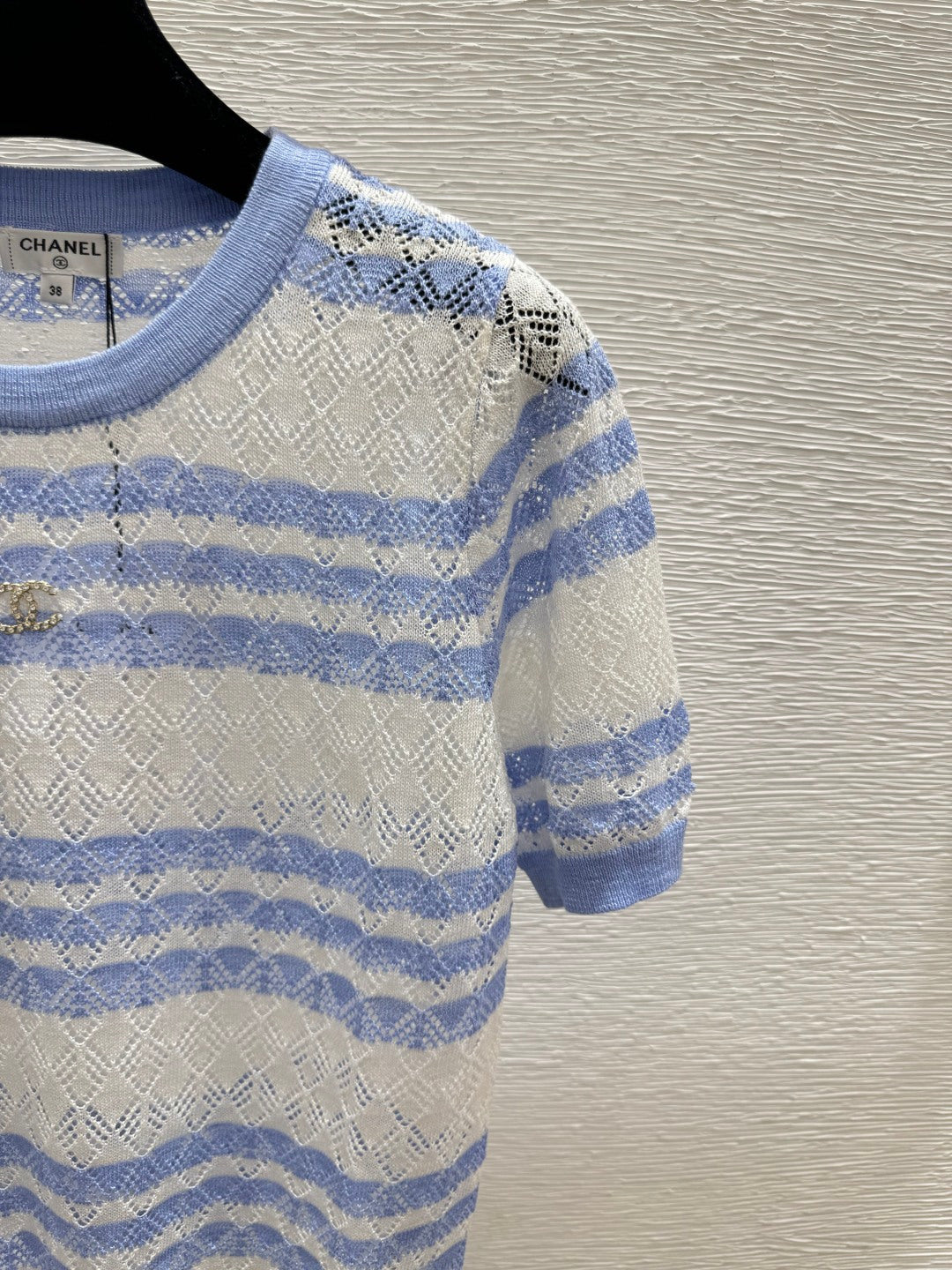 Chanel 2026 Striped Knit Short-sleeved Top Blue and Black Wool Cashmere 368362