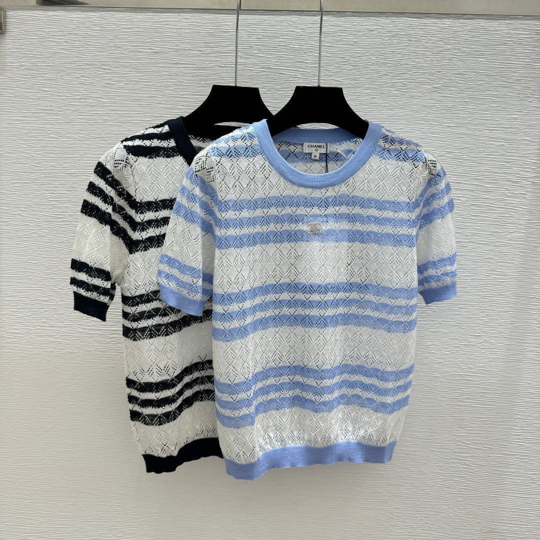 Chanel 2026 Striped Knit Short-sleeved Top Blue and Black Wool Cashmere 368362