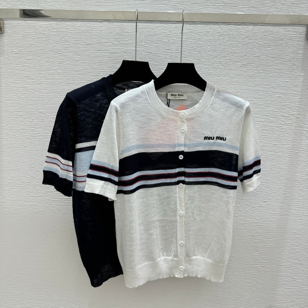 Miumiu 2026 Striped Crew Neck Knitted Short-Sleeve Cardigan Tencel 397728