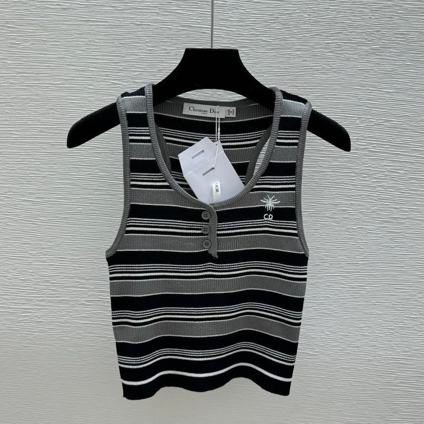 Dior 2026 Striped Crew Neck Knitted Vest Grey Black Wool 452202