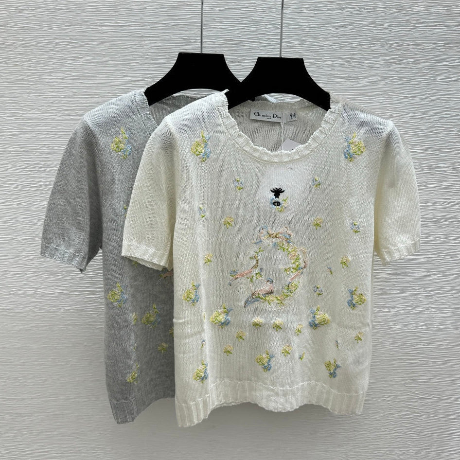 Dior 2026 Floral Embroidered Knit Short-sleeved Top Wool 392593