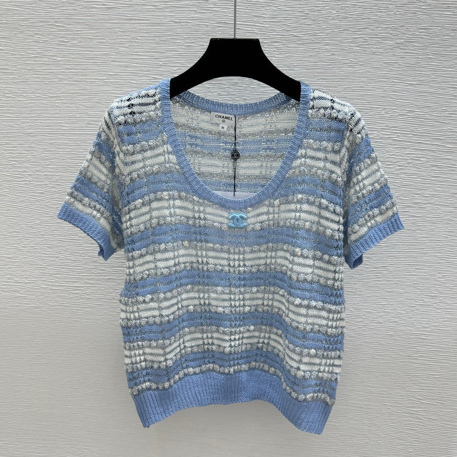 Chanel 2026 Striped Short-sleeved Shirt Blue Polyester Viscose 516783