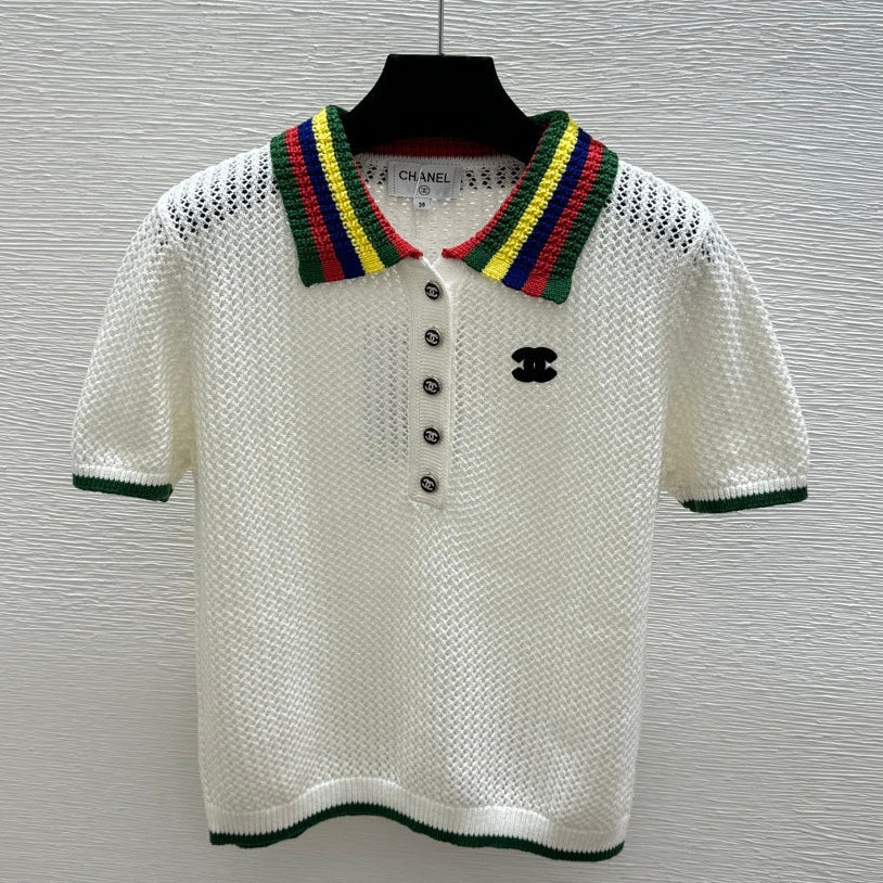 Chanel 2026 Multicolor Collar Polo Shirt White Wool Cashmere 397401