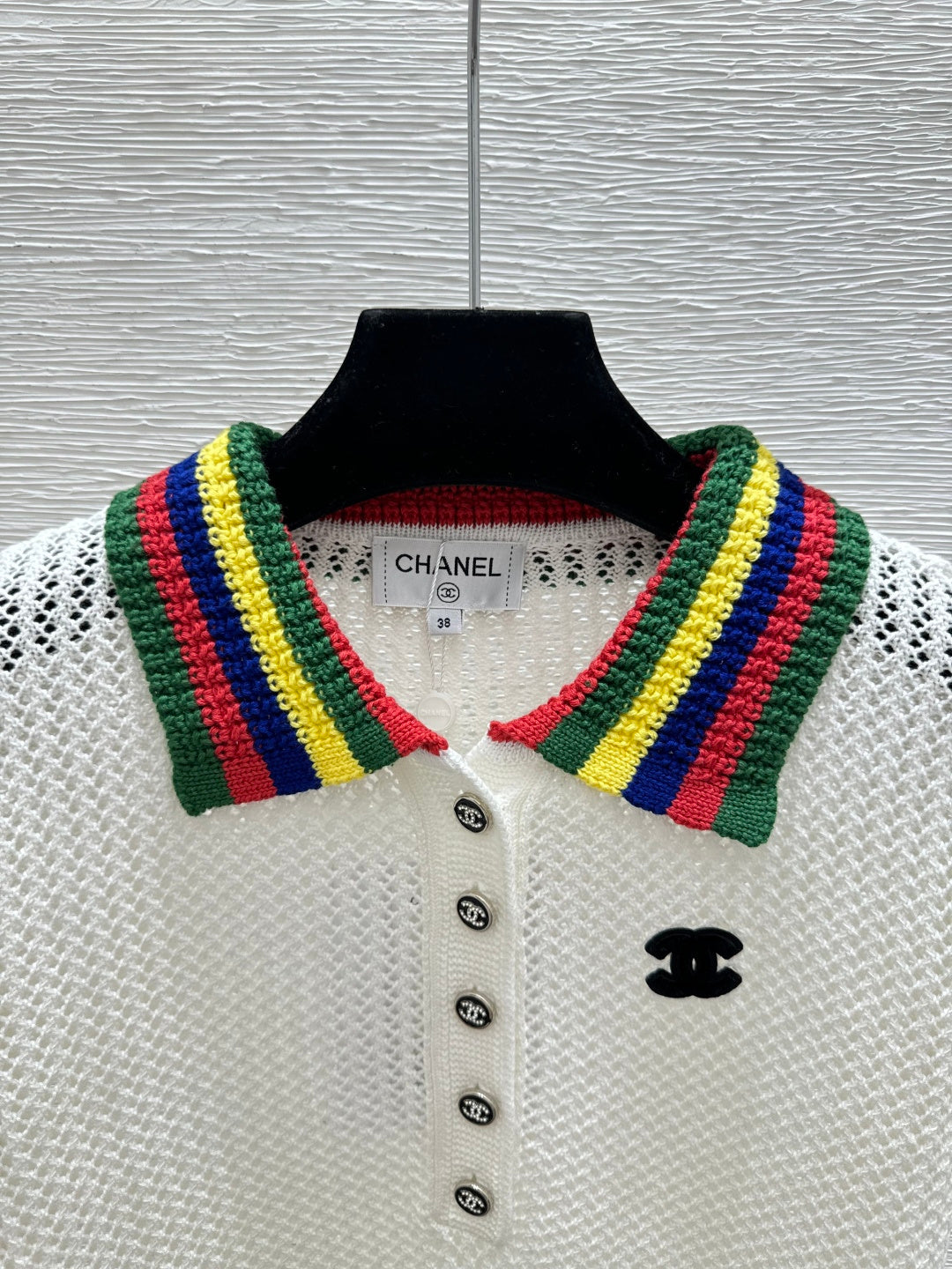 Chanel 2026 Multicolor Collar Polo Shirt White Wool Cashmere 397401