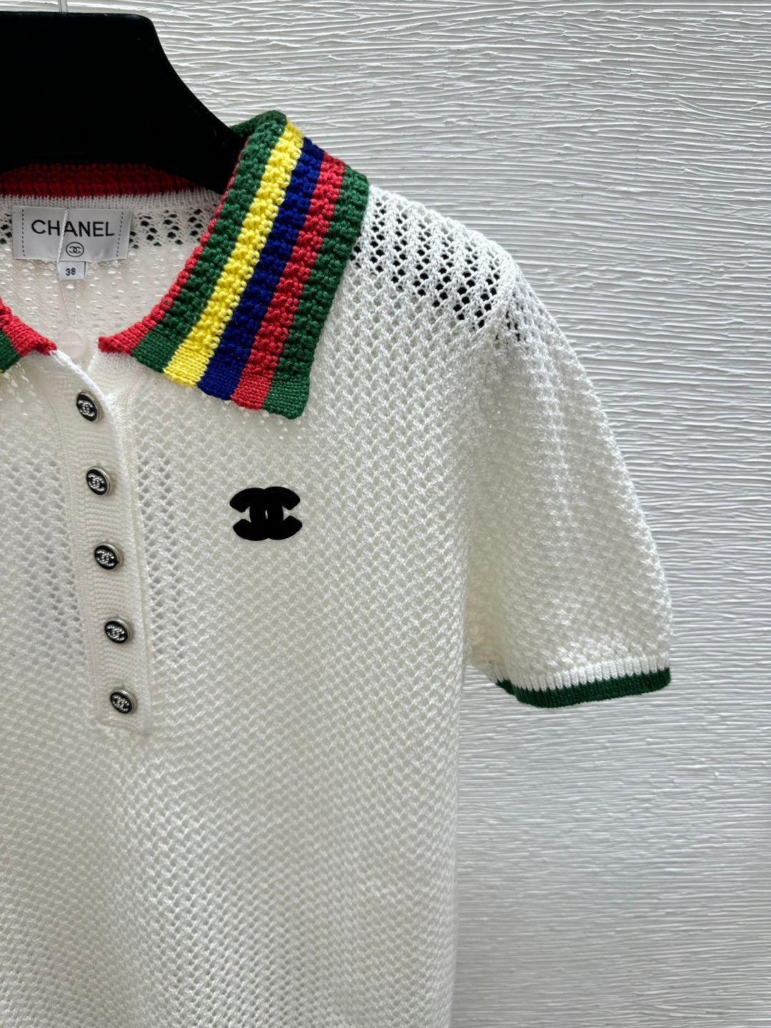 Chanel 2026 Multicolor Collar Polo Shirt White Wool Cashmere 397401