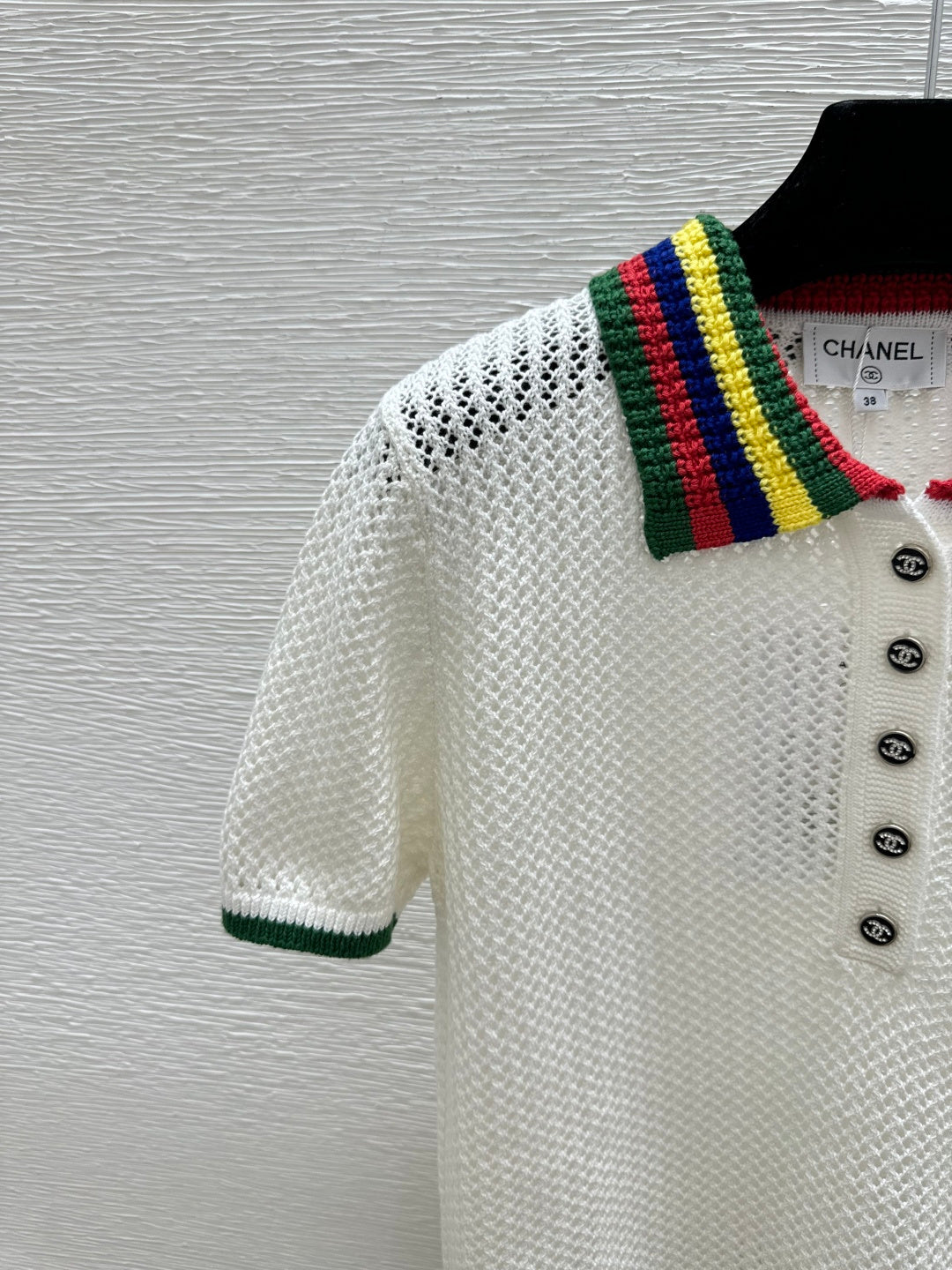 Chanel 2026 Multicolor Collar Polo Shirt White Wool Cashmere 397401