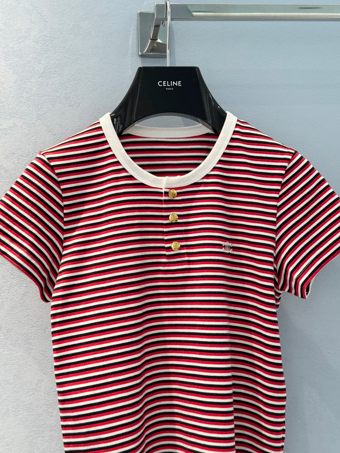 Celine 25 Striped Short-sleeved T-shirt Red White mix Black cotton