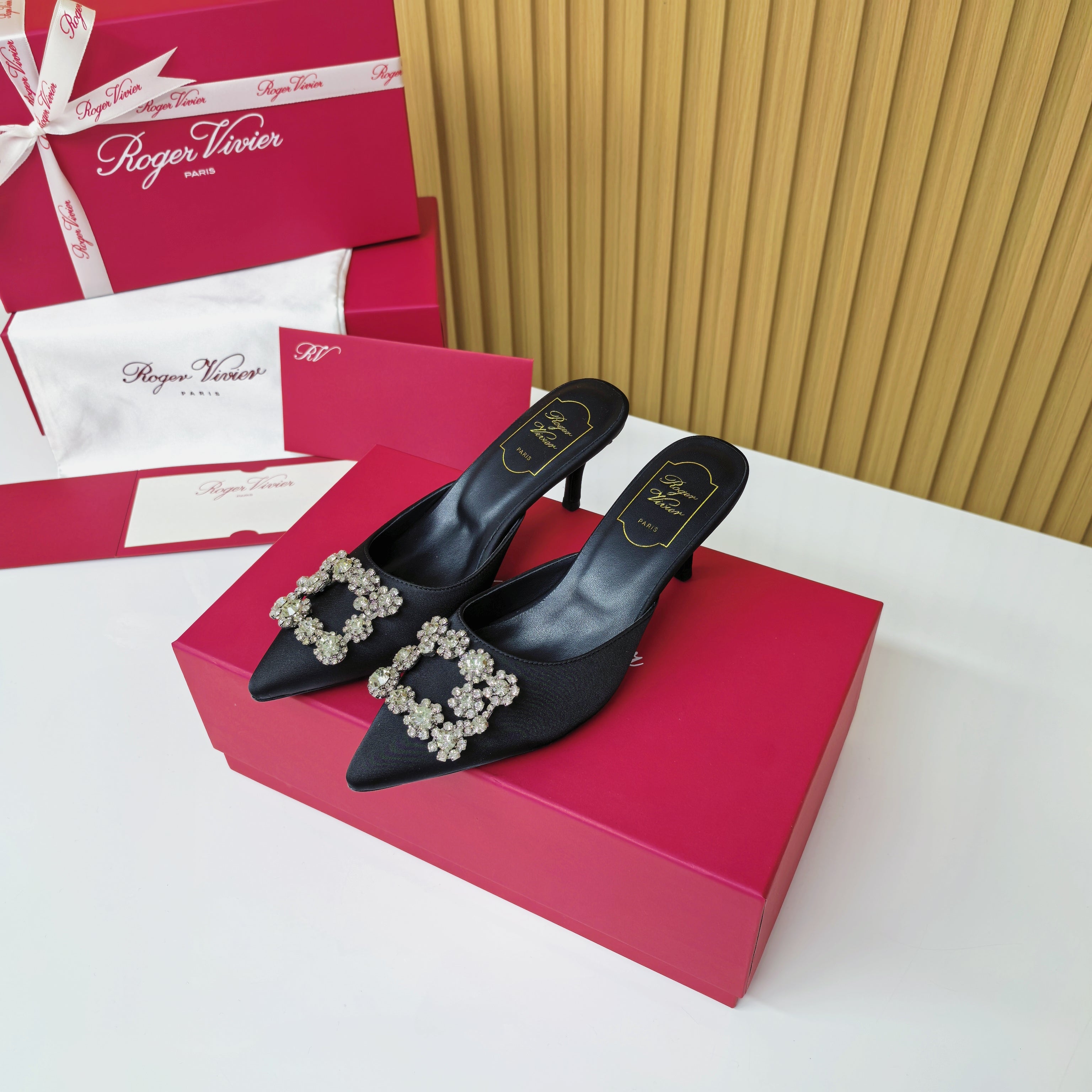 Viv Diamond Mules Black Silk 247394