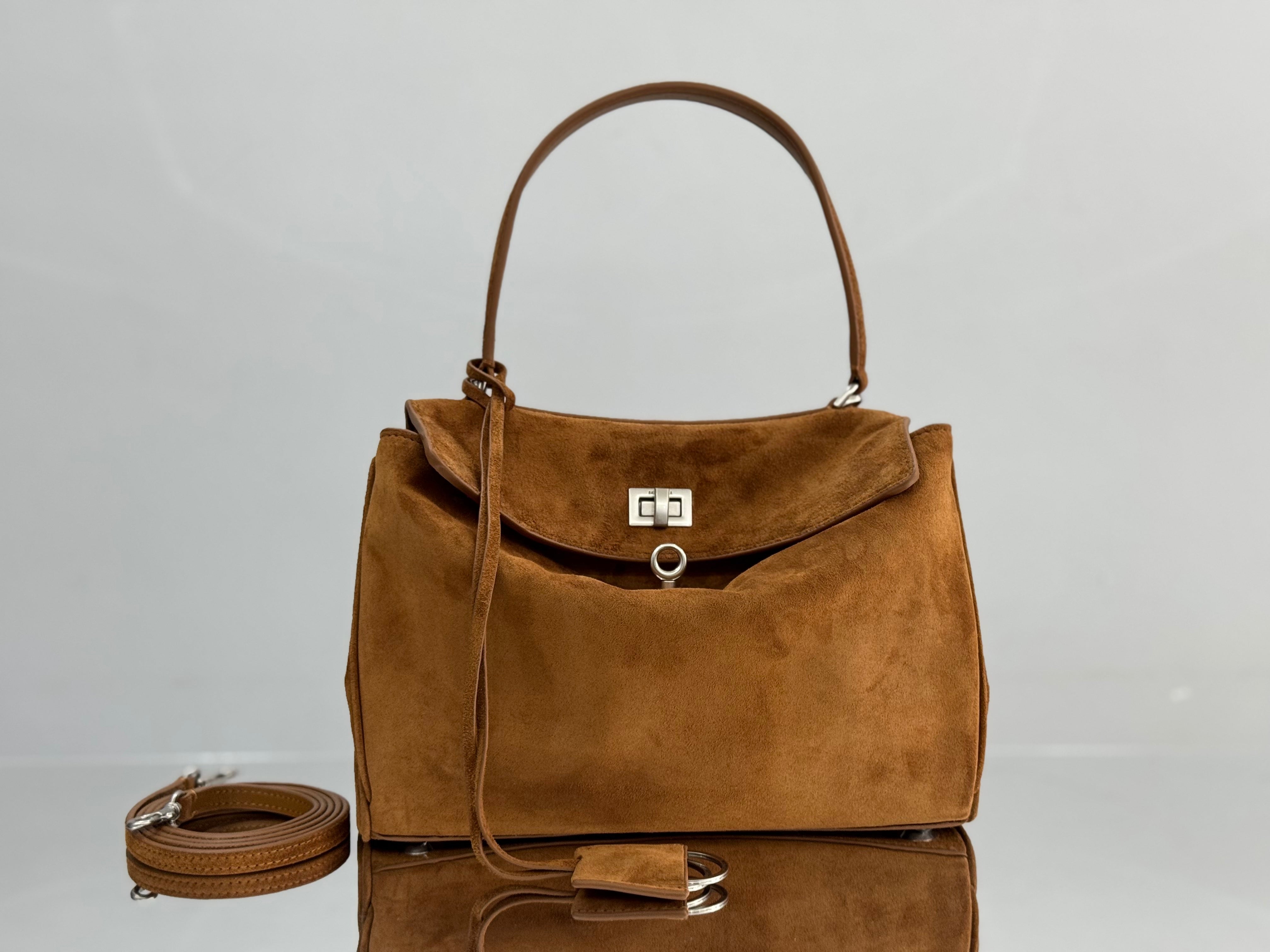 Balenciaga Small Bag 29 Camel Brown Suede Sliver Hardware