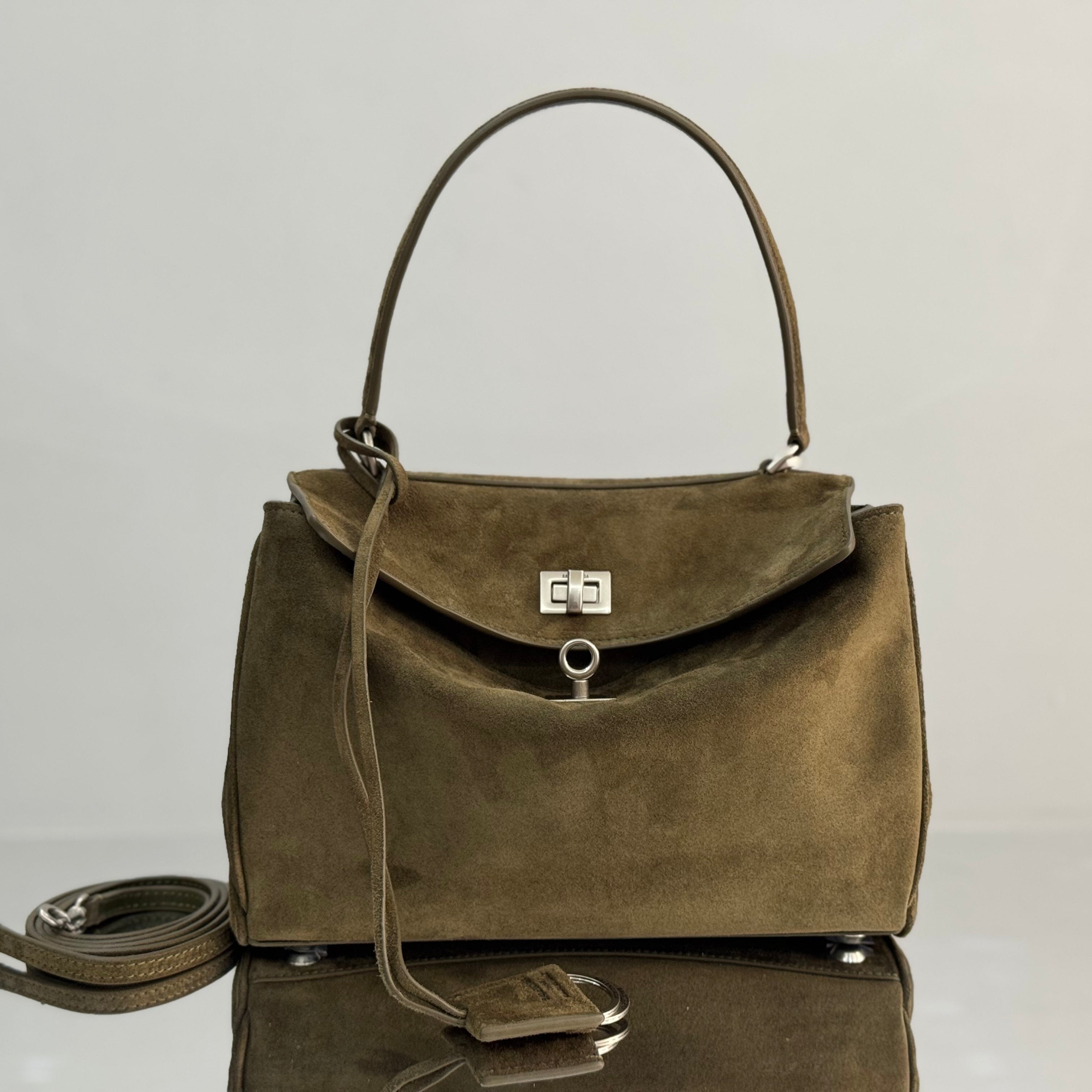 Balenciaga Small Bag 29 Olive Green Suede Sliver Hardware