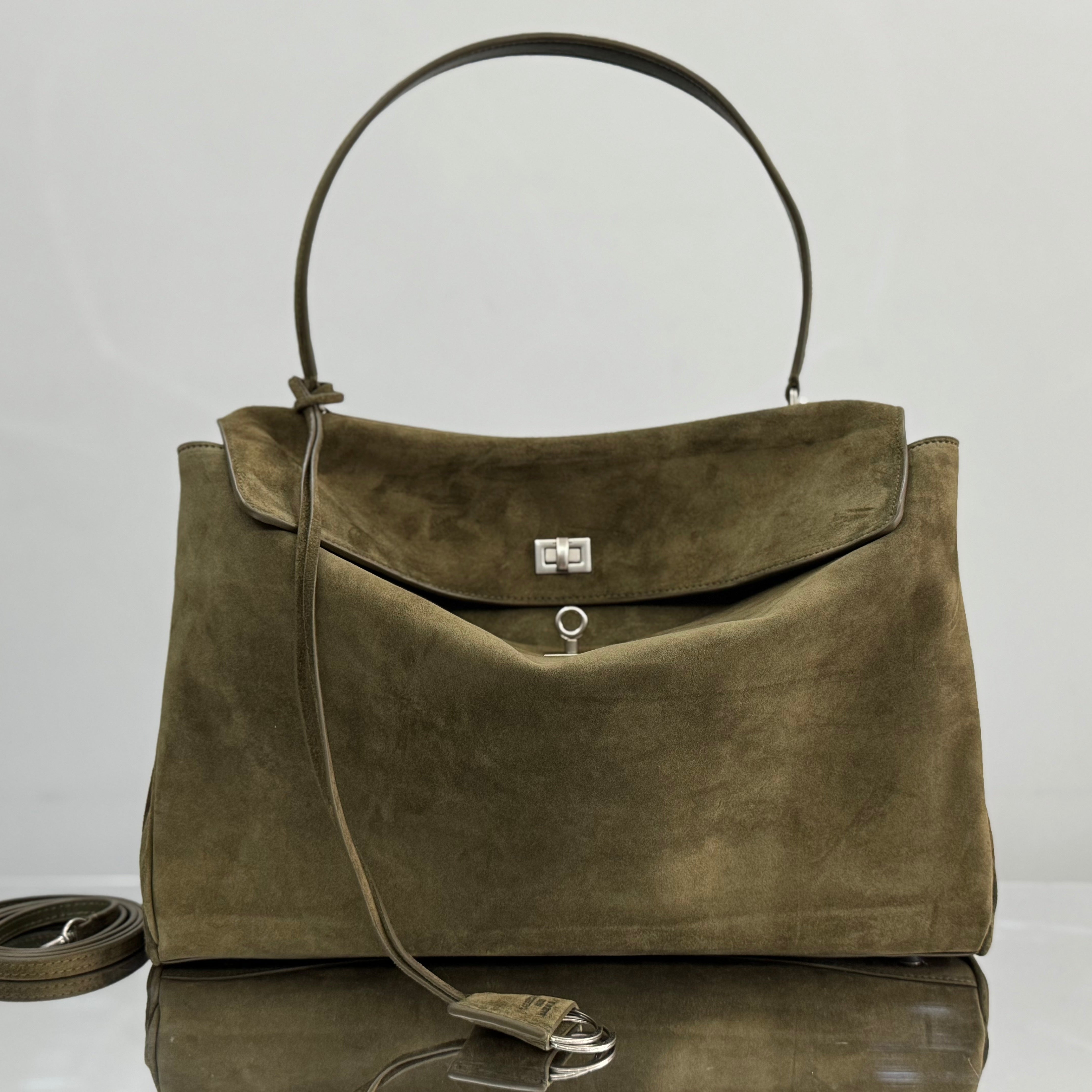 Balenciaga LargeBag 40 Olive Green Suede Sliver Hardware