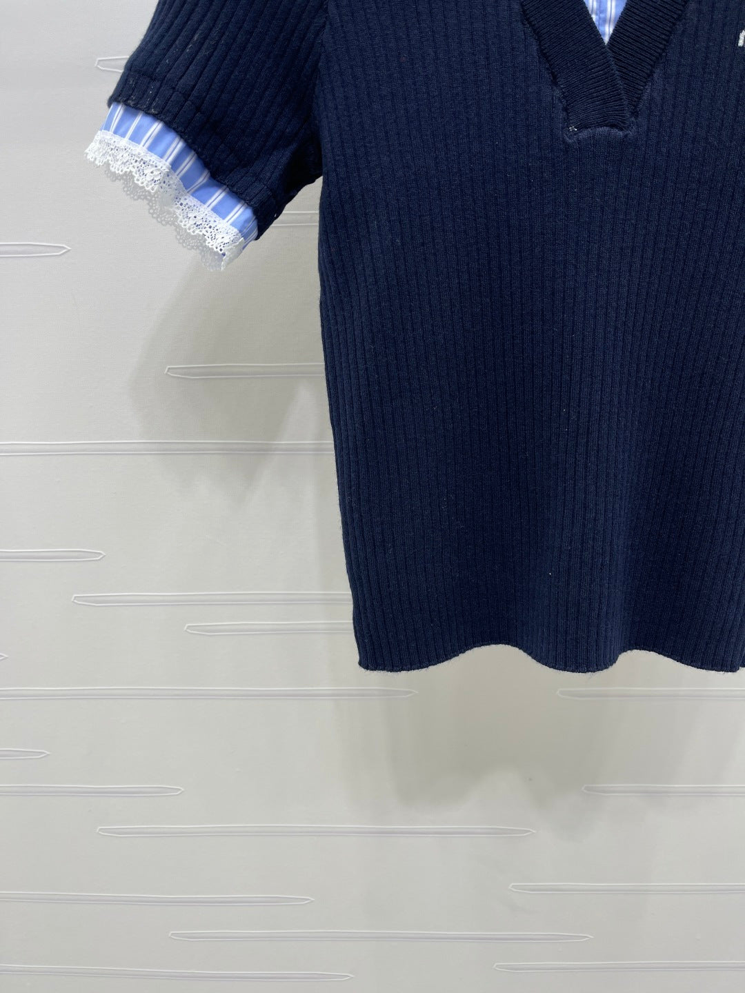 Miumiu 2026 Ribbed Knit Top With Striped Collar Blue Wool 352525