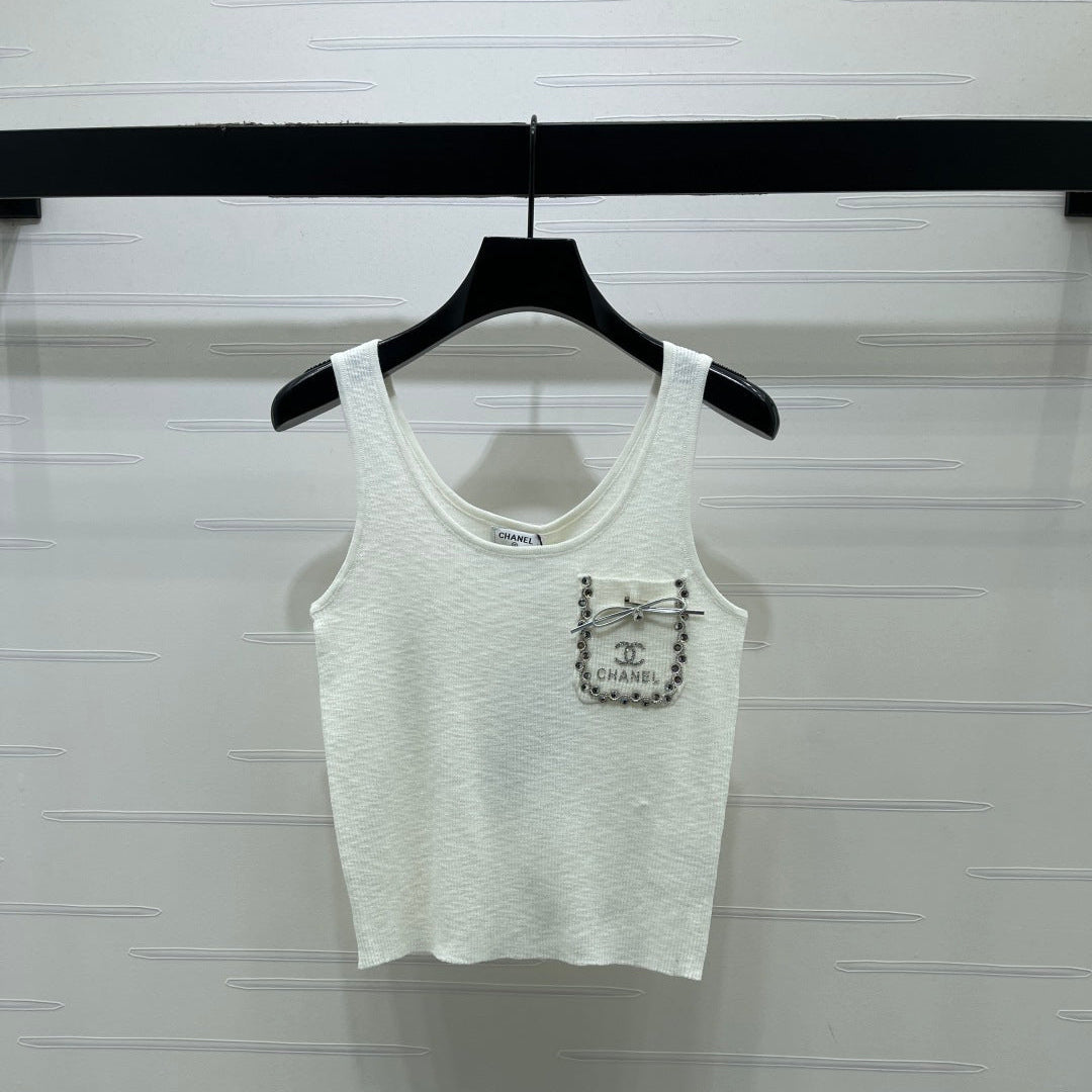 Chanel 2026 Rhinestone Pocket Vest White Tencel Wool 257259