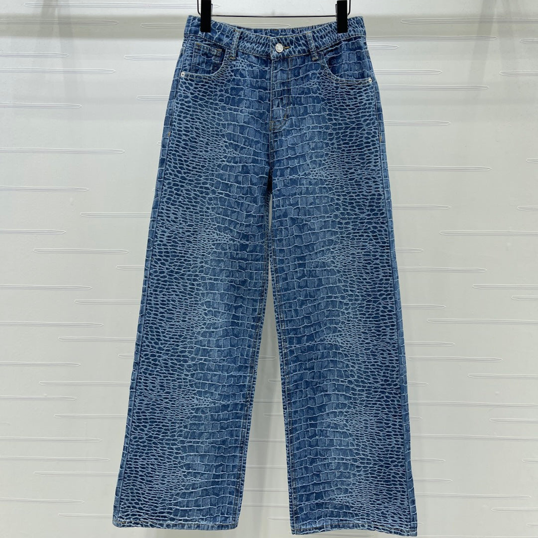 Chanel 2026 Crocodile-embossed High-waisted Jean Blue Cotton 363373
