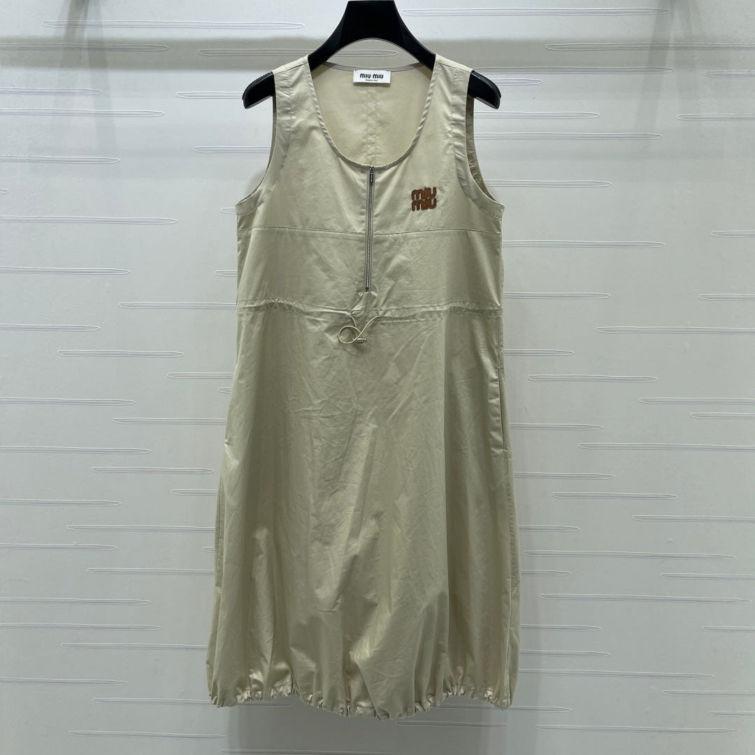 Miumiu 2026 Letter Label Waist-cinching Vest Dress Beige Polyester 392570