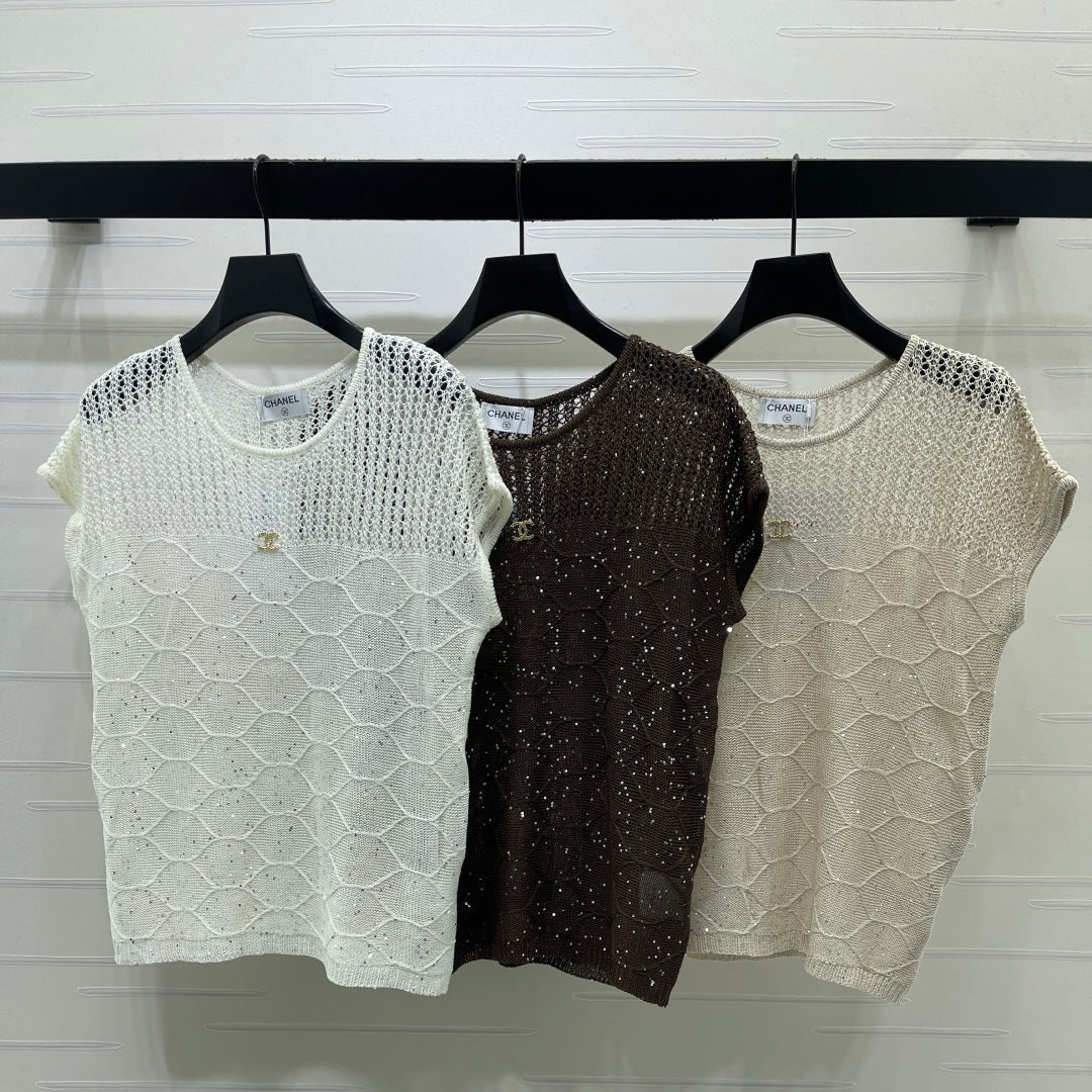 Chanel 2026 Round Neck Hollow Out Knit Short Sleeve Tencel 397438