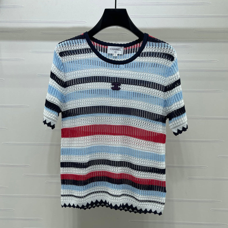 Chanel 2026 Striped Knit Short Sleeve Blue Red Black Tencel 397423