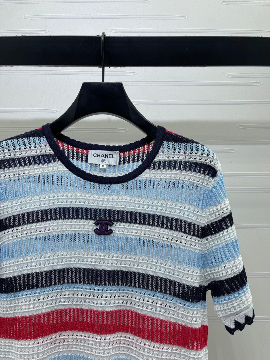 Chanel 2026 Striped Knit Short Sleeve Blue Red Black Tencel 397423