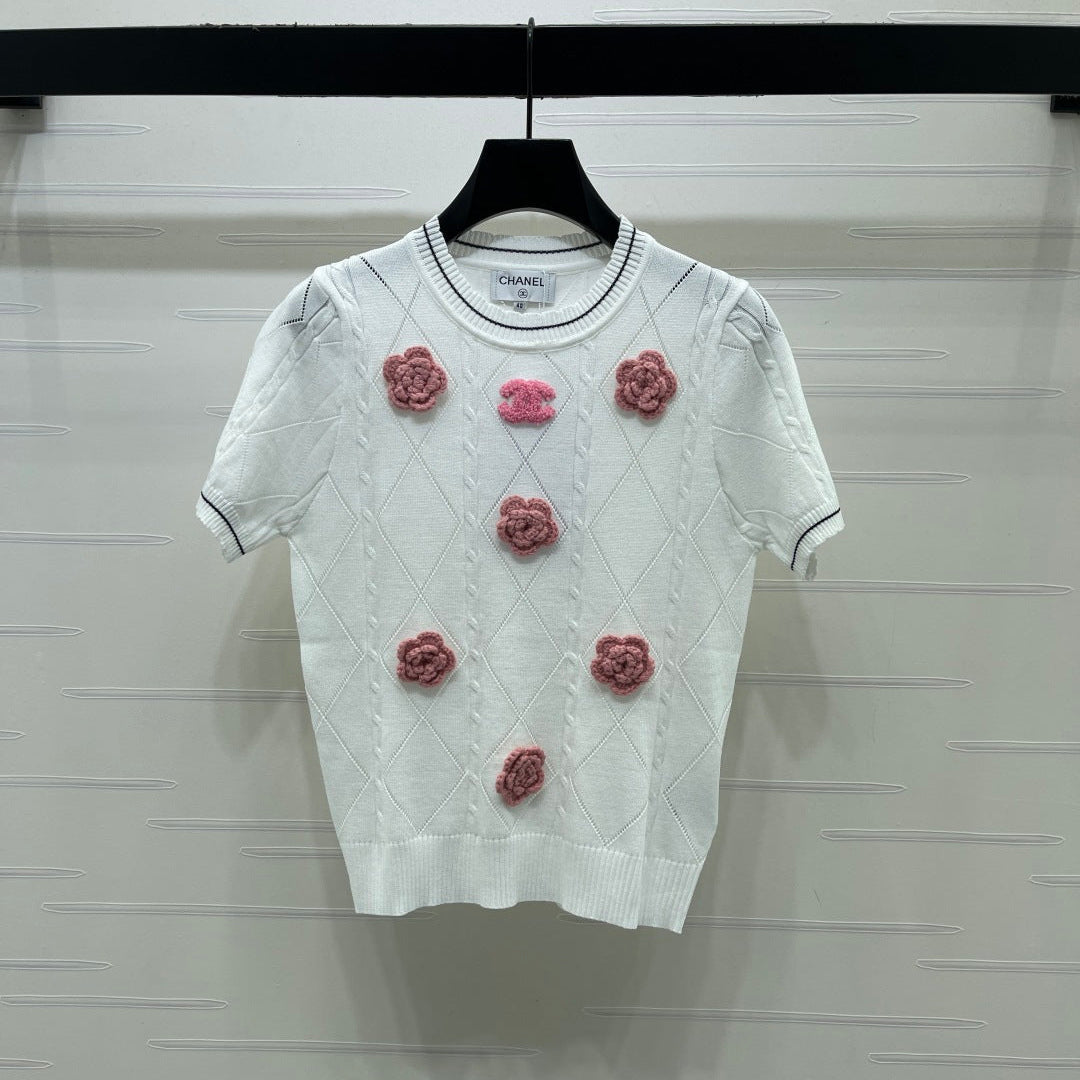 Chanel 2026 Diamond Pattern 3D Floral Knit Short Sleeve Cotton 397419