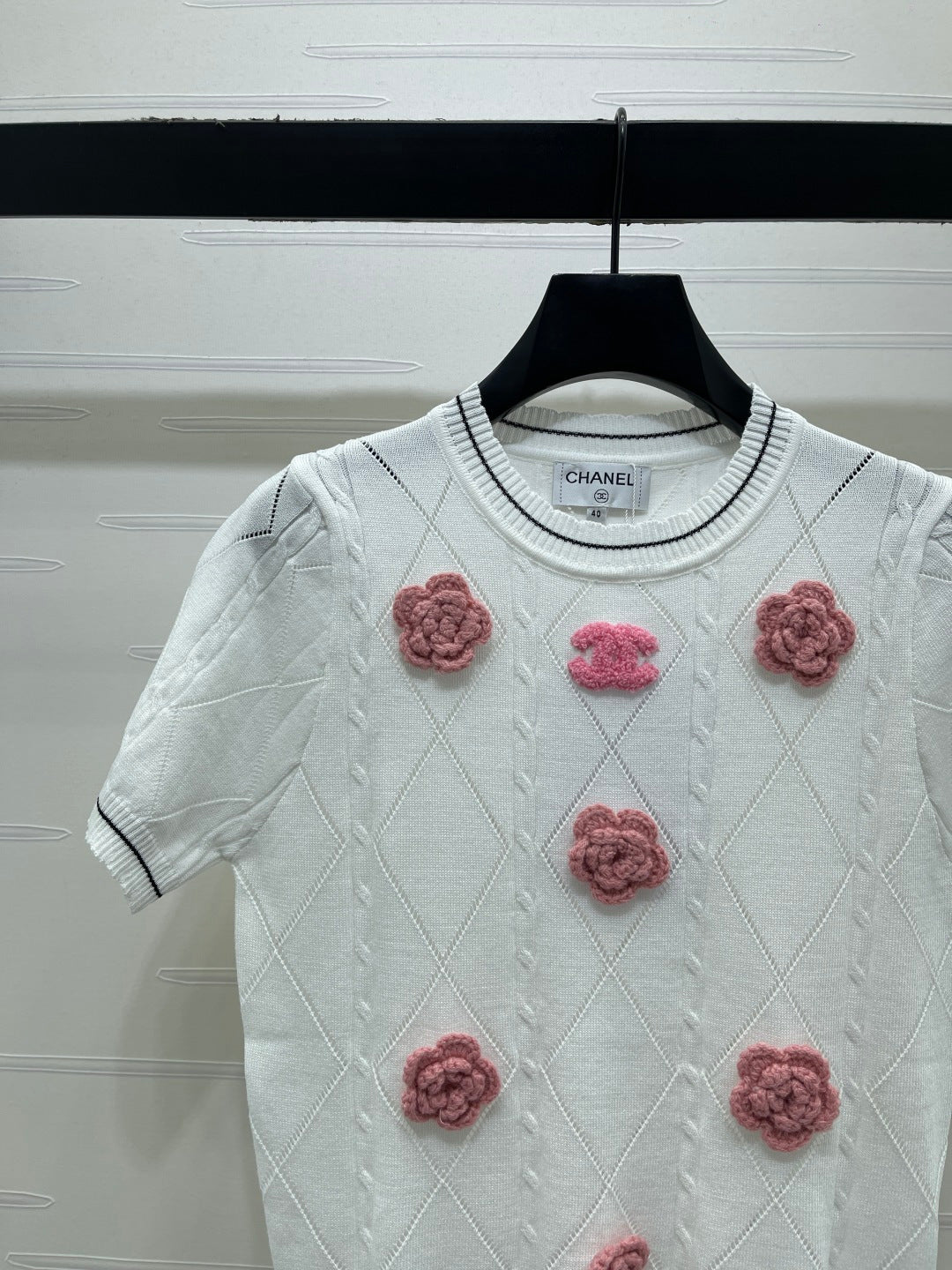 Chanel 2026 Diamond Pattern 3D Floral Knit Short Sleeve Cotton 397419