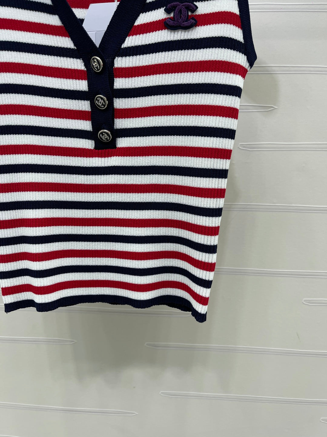 Chanel 2026 Striped Knitted Collared Vest Red White Blue Viscose 397310