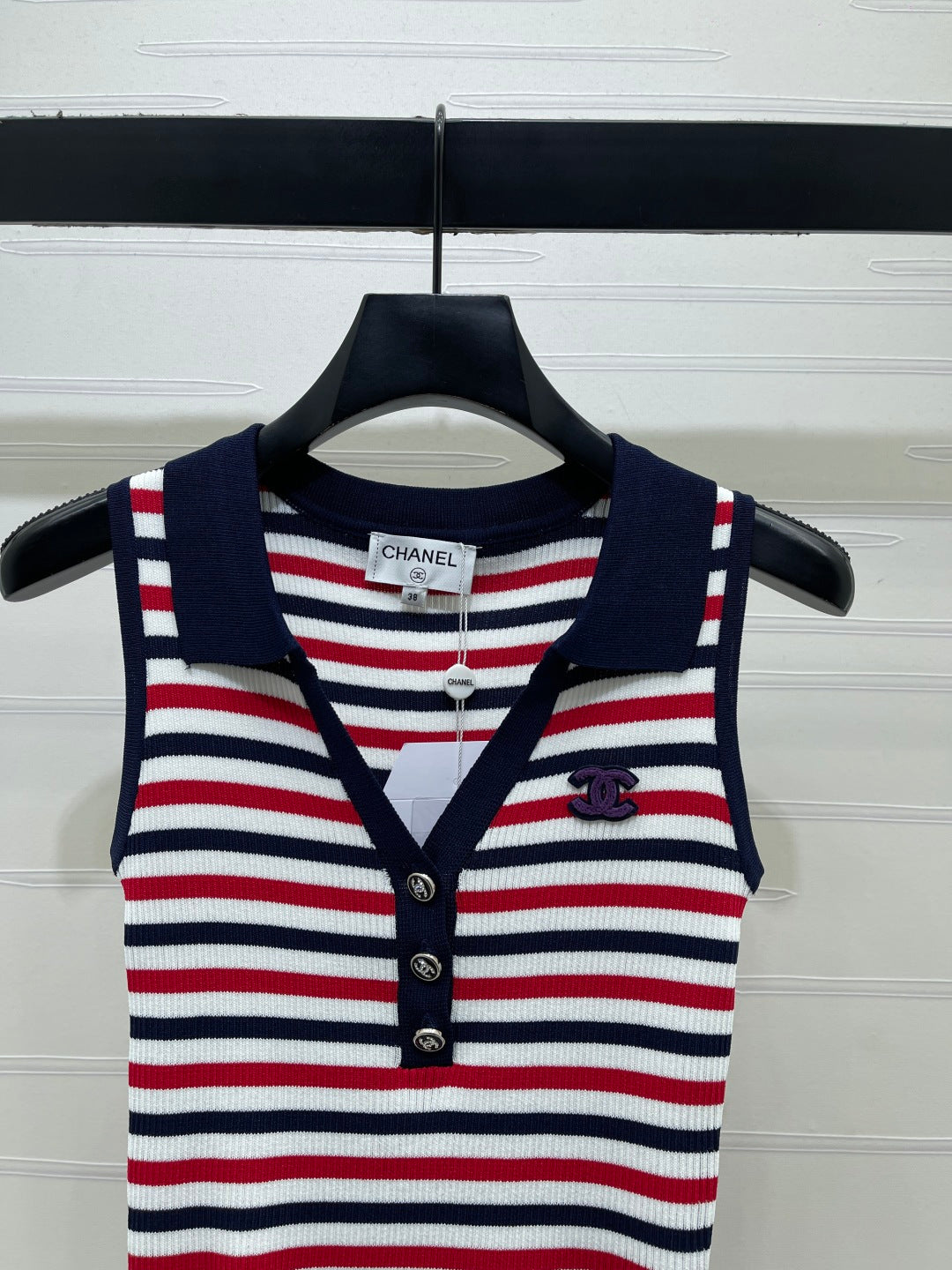Chanel 2026 Striped Knitted Collared Vest Red White Blue Viscose 397310