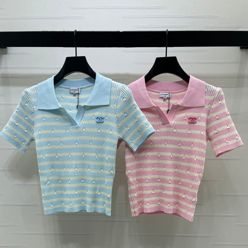 Chanel 2026 Striped Collared Knit Short-Sleeve T-Shirt Cotton 677728