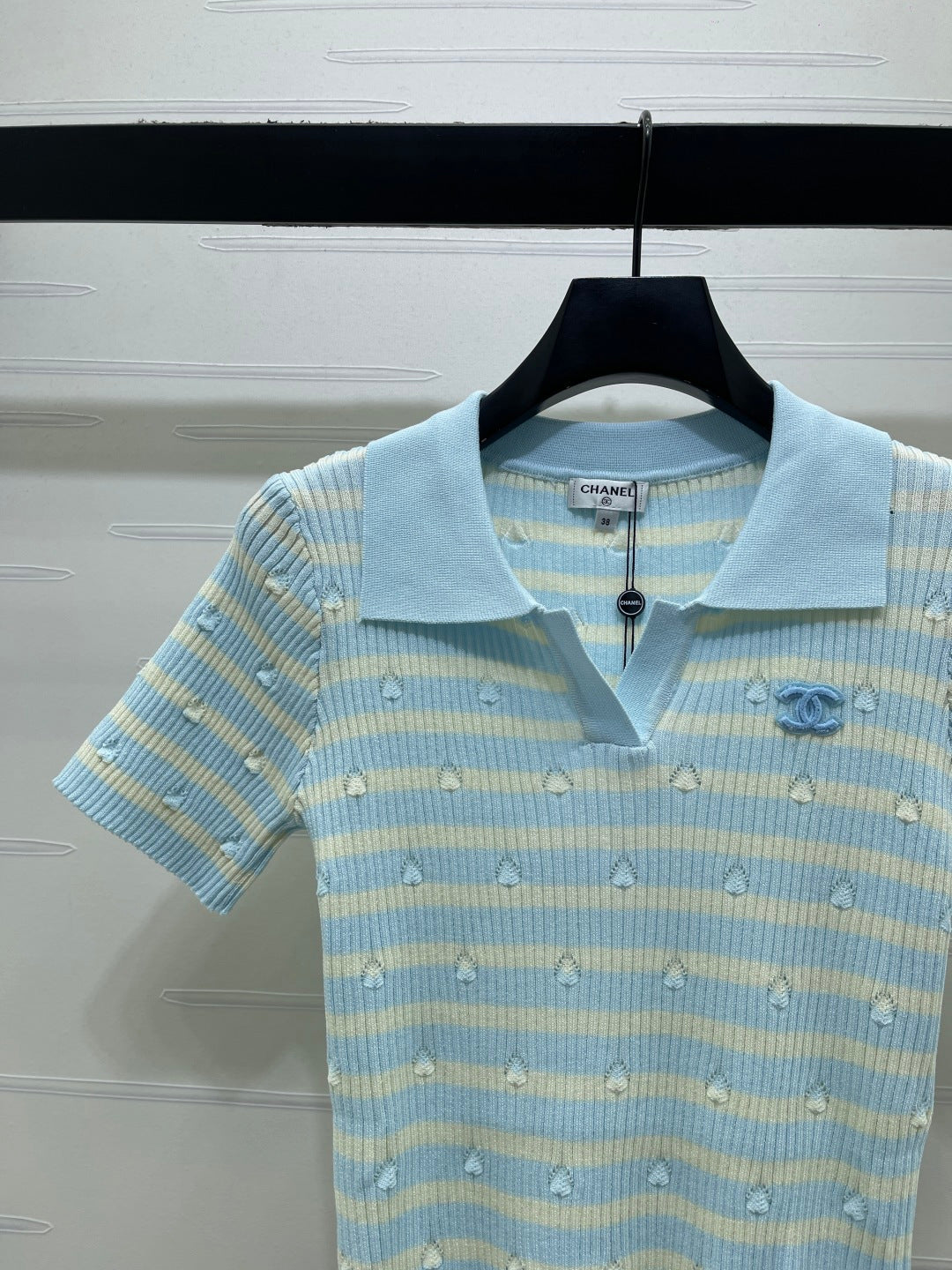 Chanel 2026 Striped Collared Knit Short-Sleeve T-Shirt Cotton 677728