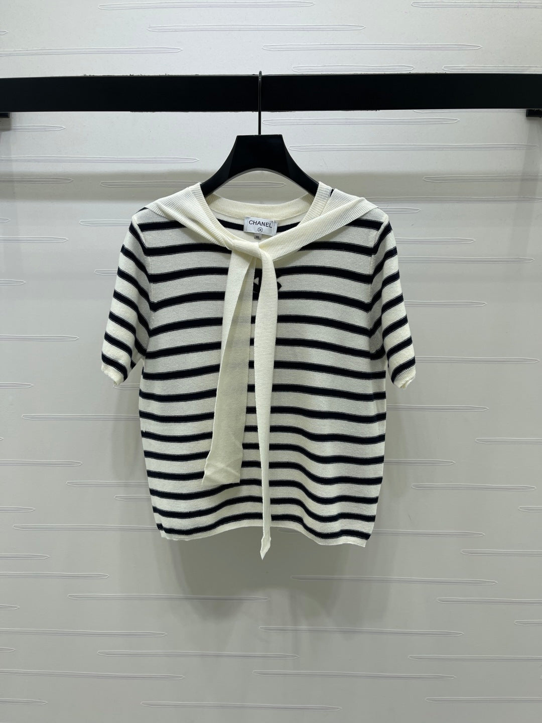Chanel 2026 Shawl-Style Striped Knit Short-Sleeve Top Viscose 677747