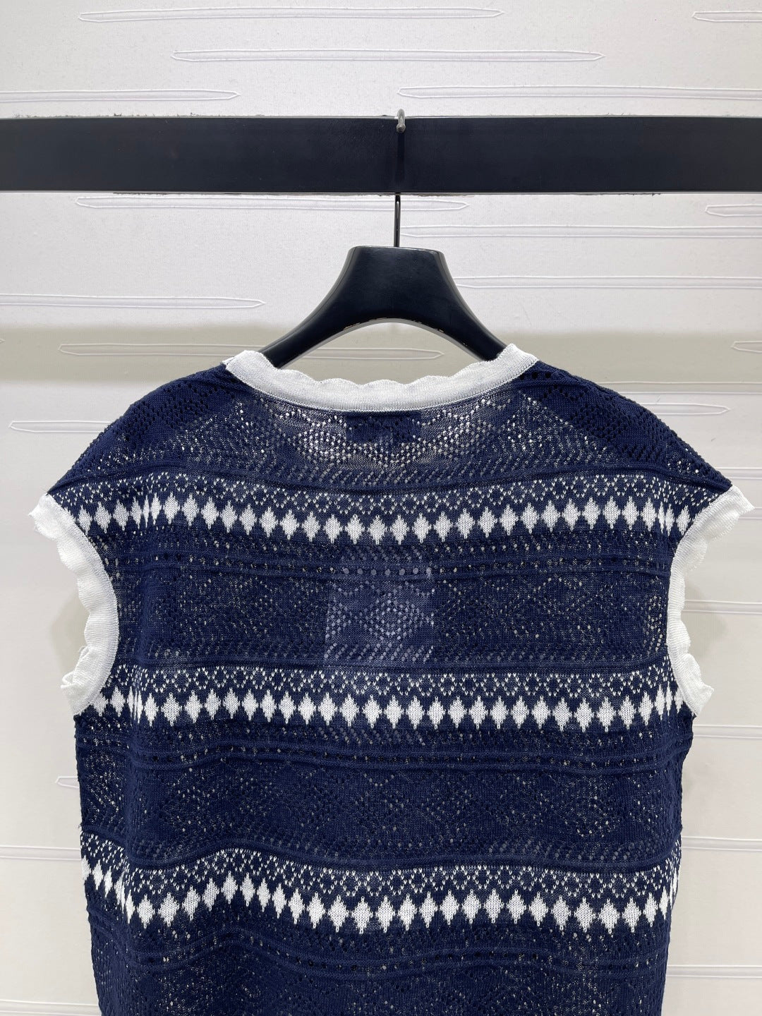 Chanel 2026 Hollow-out Striped Knit Vest Navy Blue Viscose 677769