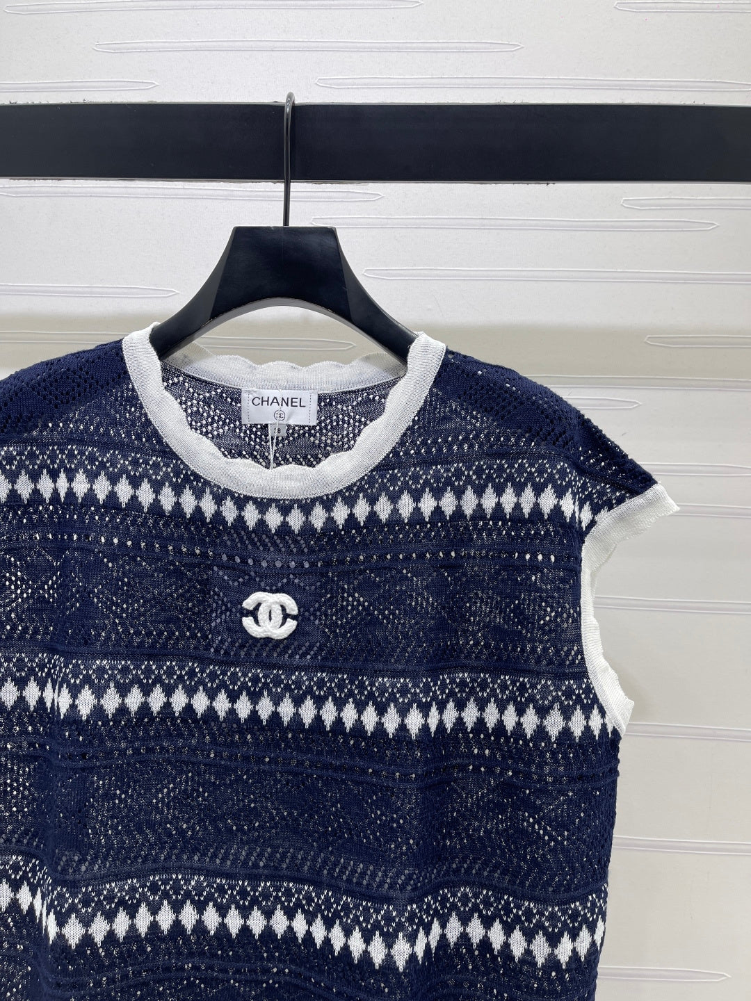 Chanel 2026 Hollow-out Striped Knit Vest Navy Blue Viscose 677769