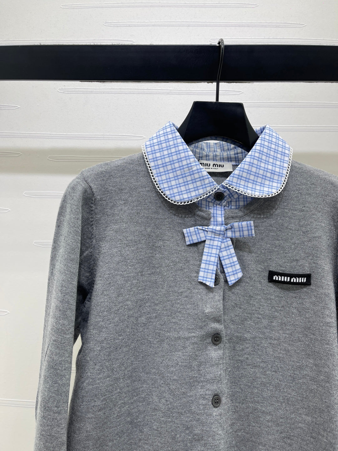Miumiu 2026 Two-piece Plaid Knit Cardigan Grey Blue Wool 415917
