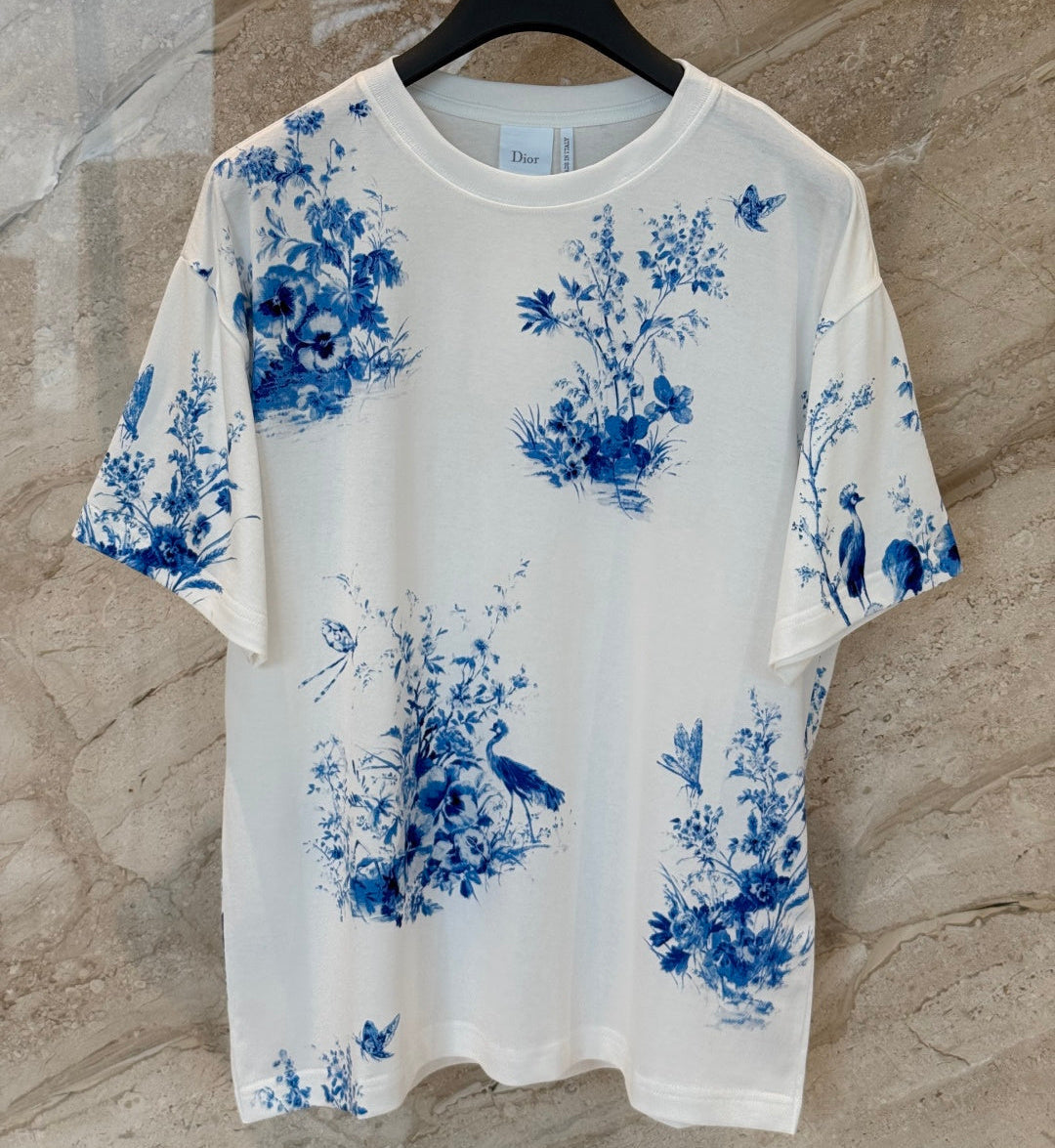 Dior 2026 Blue Floral and Bird Print Short-Sleeve T-Shirt Cotton 415774