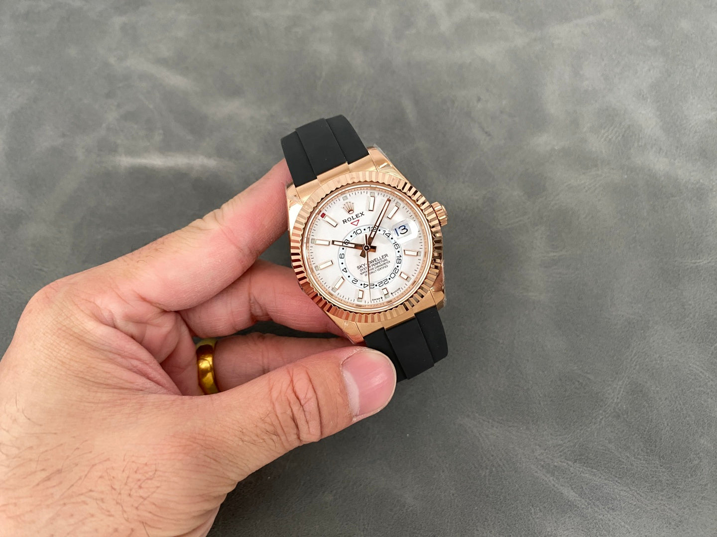 Rolex Sky-Dweller 42mm Rose Gold Case White Dial Rubber Strap