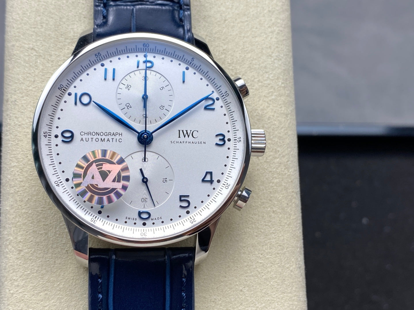 IWC Portuguese 41mm White Dial Steel Case Navy Blue Leather