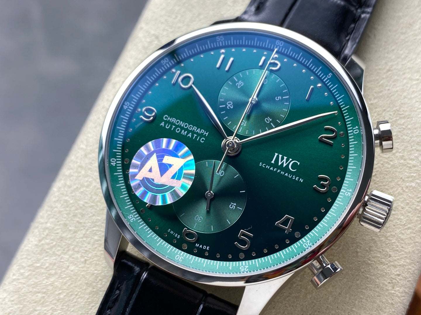 IWC Portuguese 41mm Green Dial Steel Case Black Leather