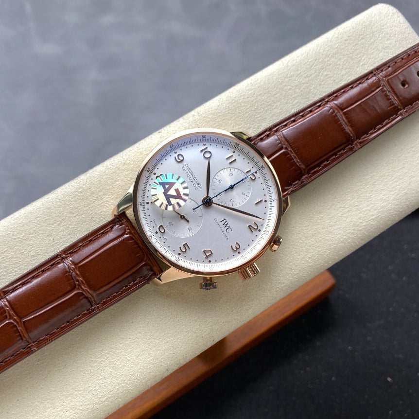 IWC Portuguese 41mm Cream Dial Pink Gold Case Brown Leather