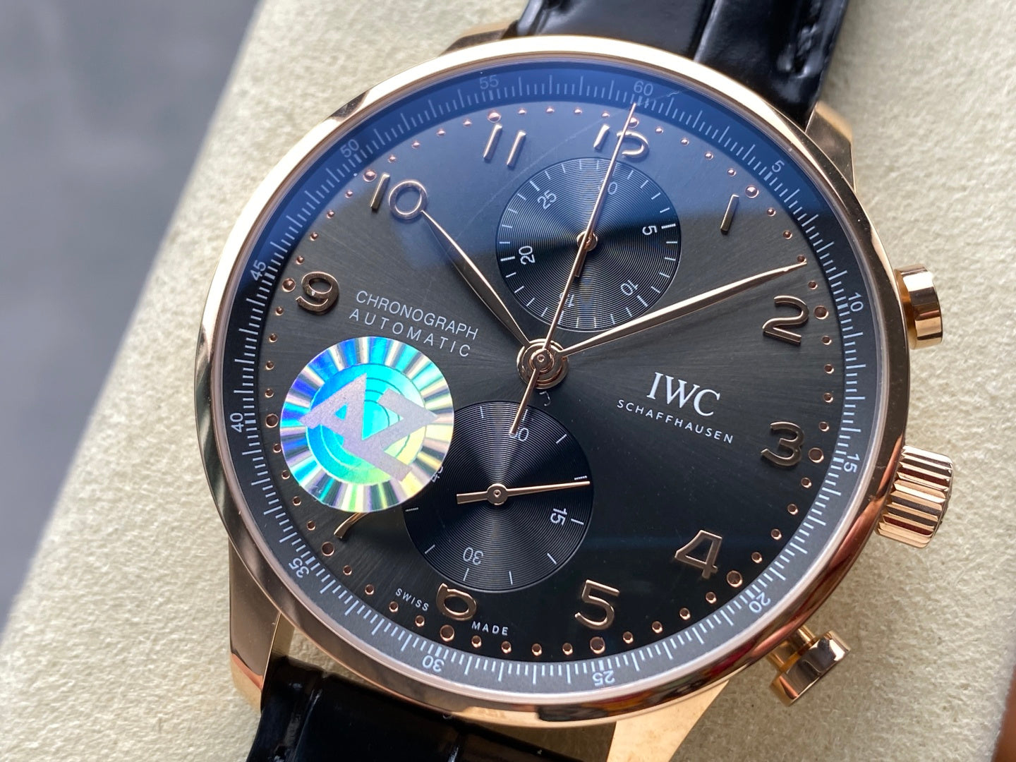 IWC Portuguese 41mm Dark Gray Dial Pink Gold Case Leather Strap