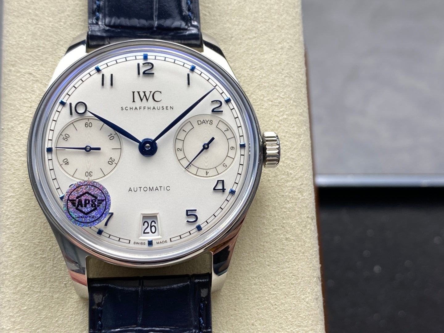 IWC Portuguese 42.4mm Cream Dial Steel Case Navy Blue Leather Strap