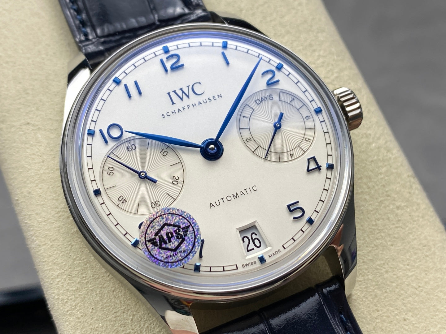 IWC Portuguese 42.4mm Cream Dial Steel Case Navy Blue Leather Strap