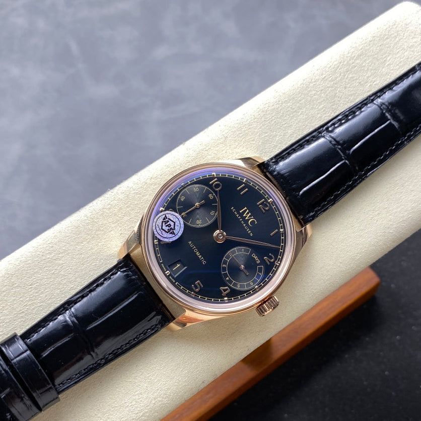 IWC Portuguese 42.4mm Black Dial Pink Gold Case Leather