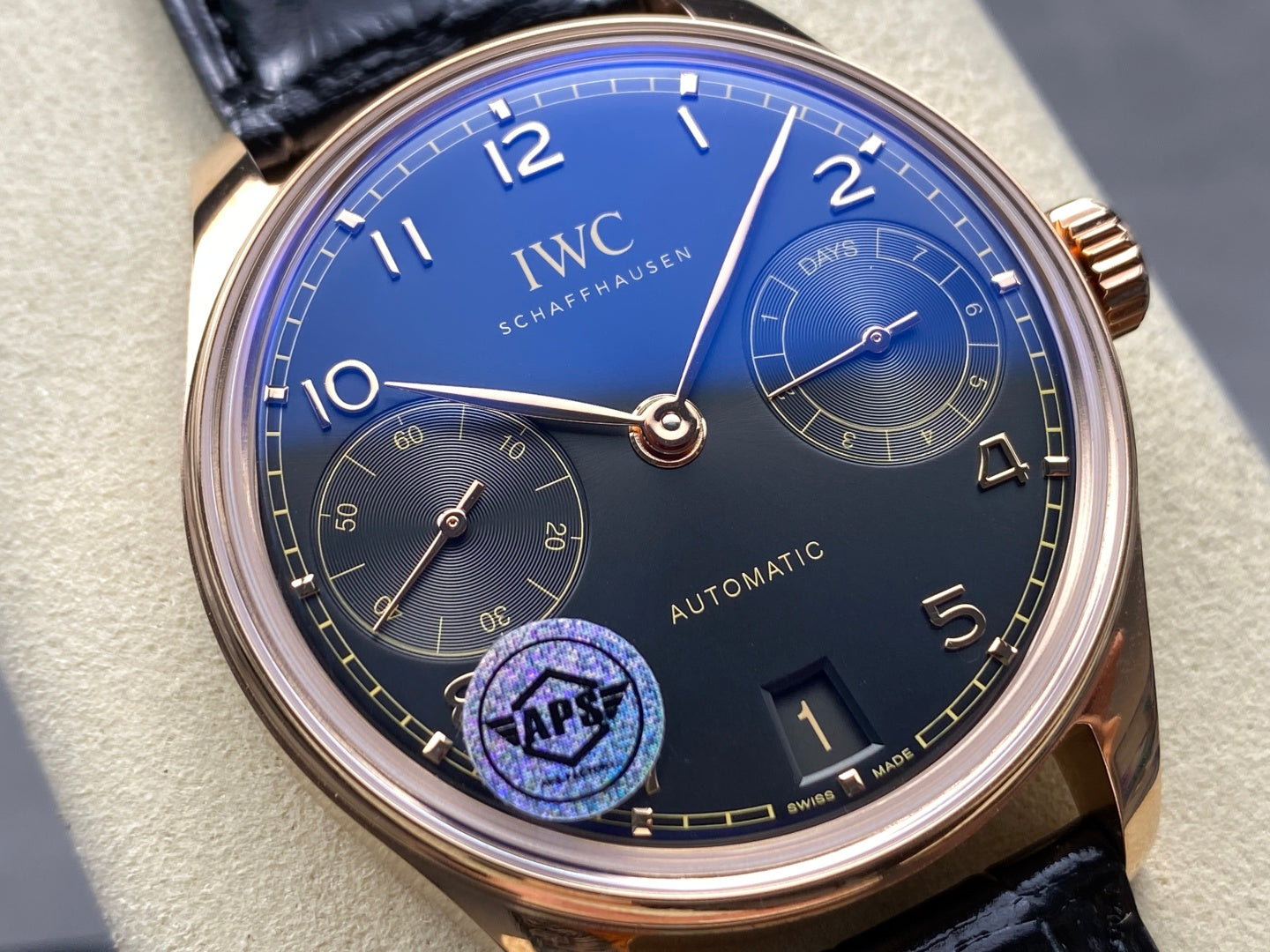 IWC Portuguese 42.4mm Black Dial Pink Gold Case Leather
