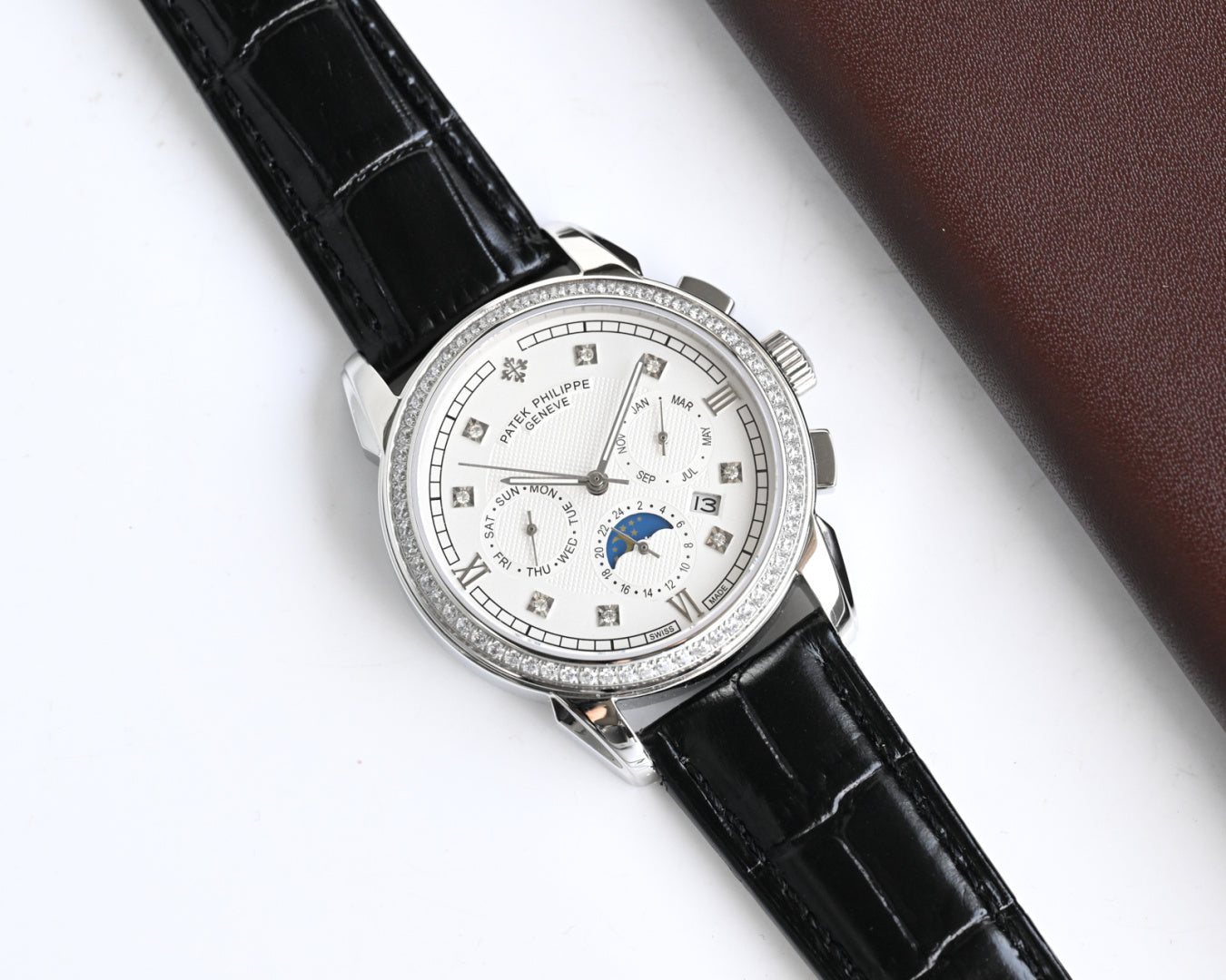 Patek Philippe Annual Calendar 42mm Diamond Benzel Black Leather Strap