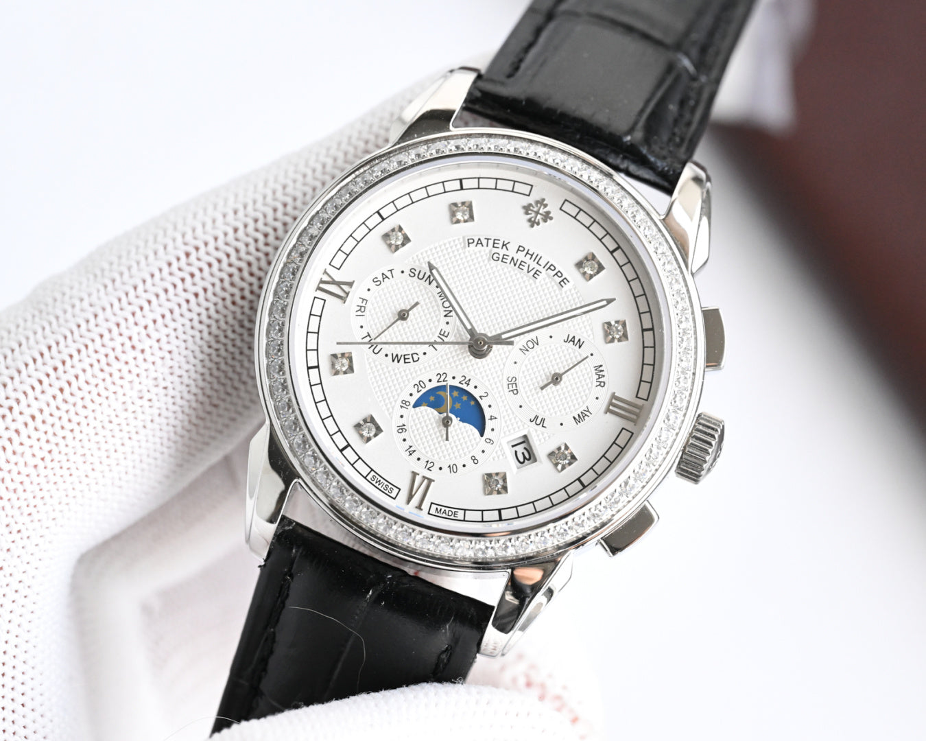 Patek Philippe Annual Calendar 42mm Diamond Benzel Black Leather Strap
