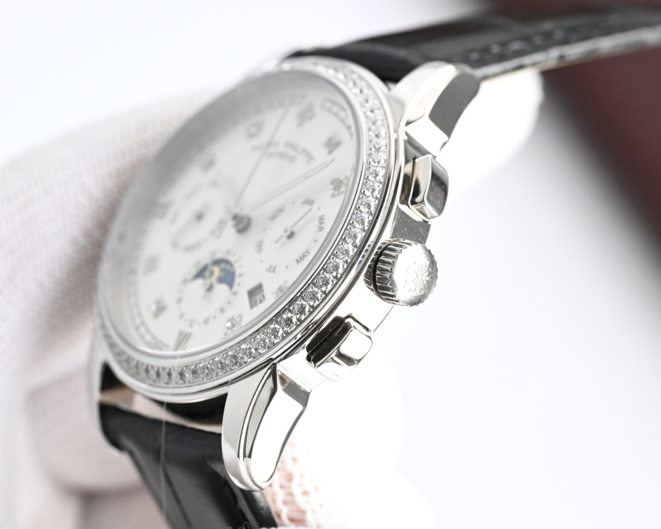 Patek Philippe Annual Calendar 42mm Diamond Benzel Black Leather Strap