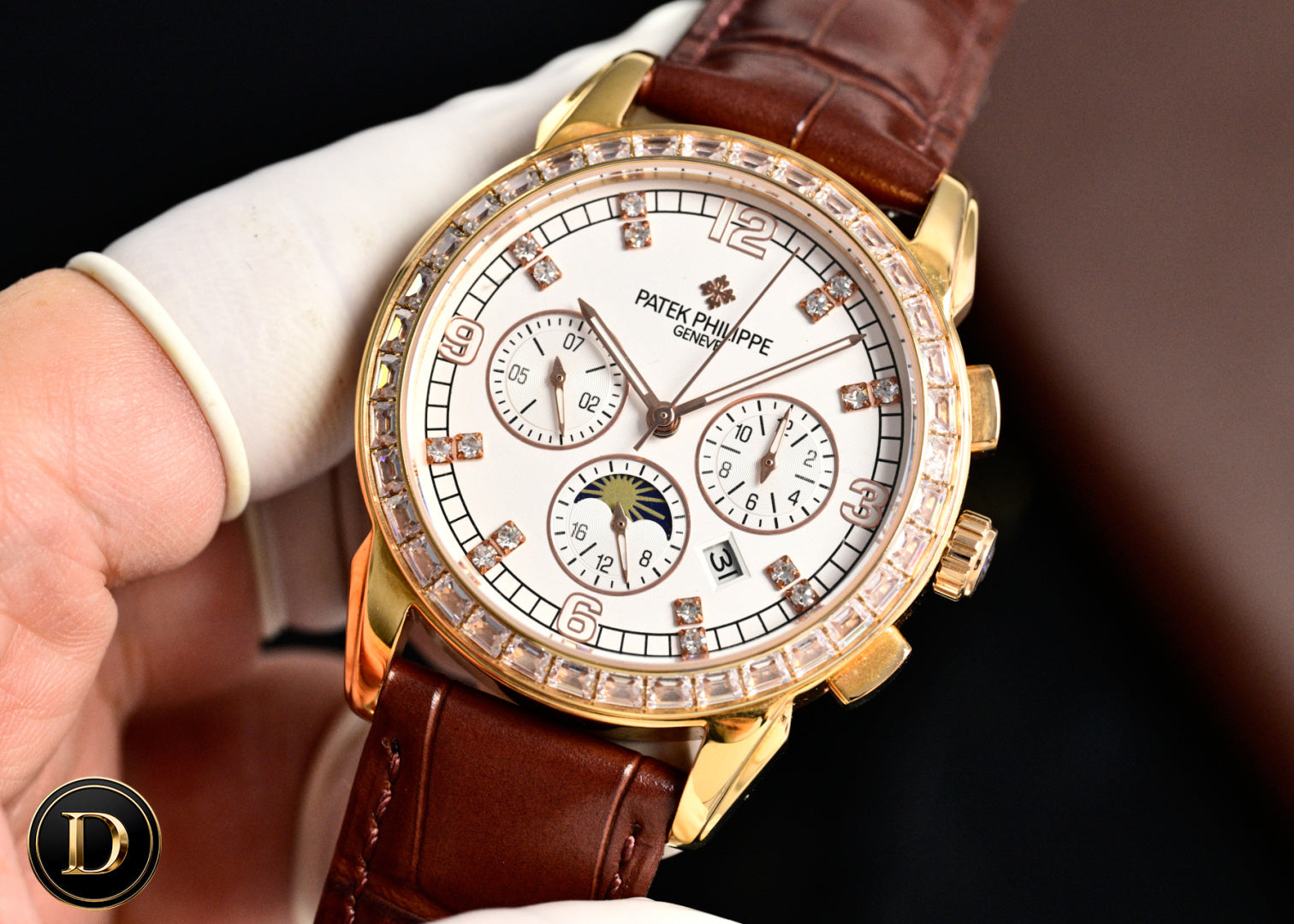 Patek Philippe Annual Calendar 42mm Diamond Benzel Rose Gold Case Brown Leather Strap