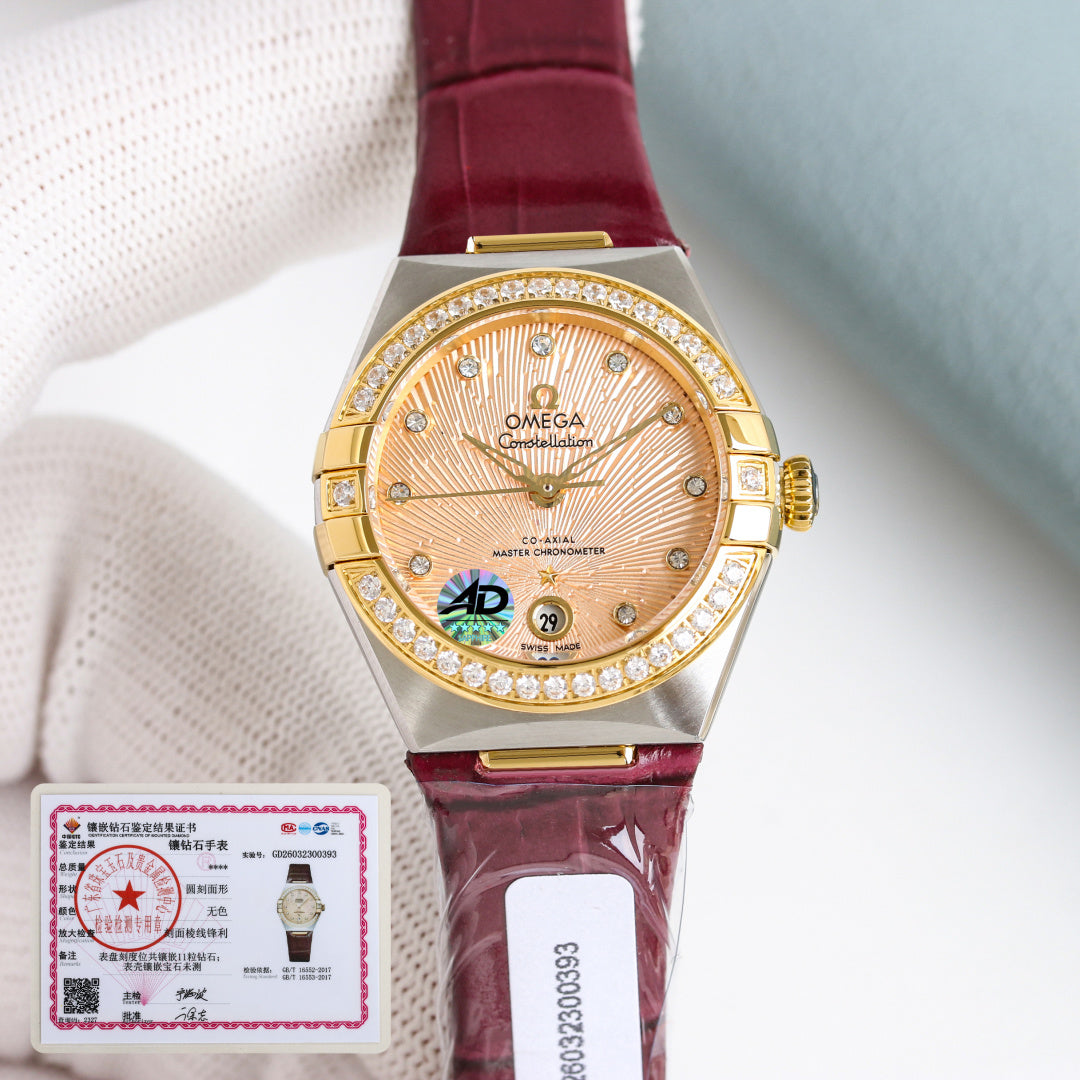 Omega Constellation 29mm Diamond Bezel Diamond Numerals Leather