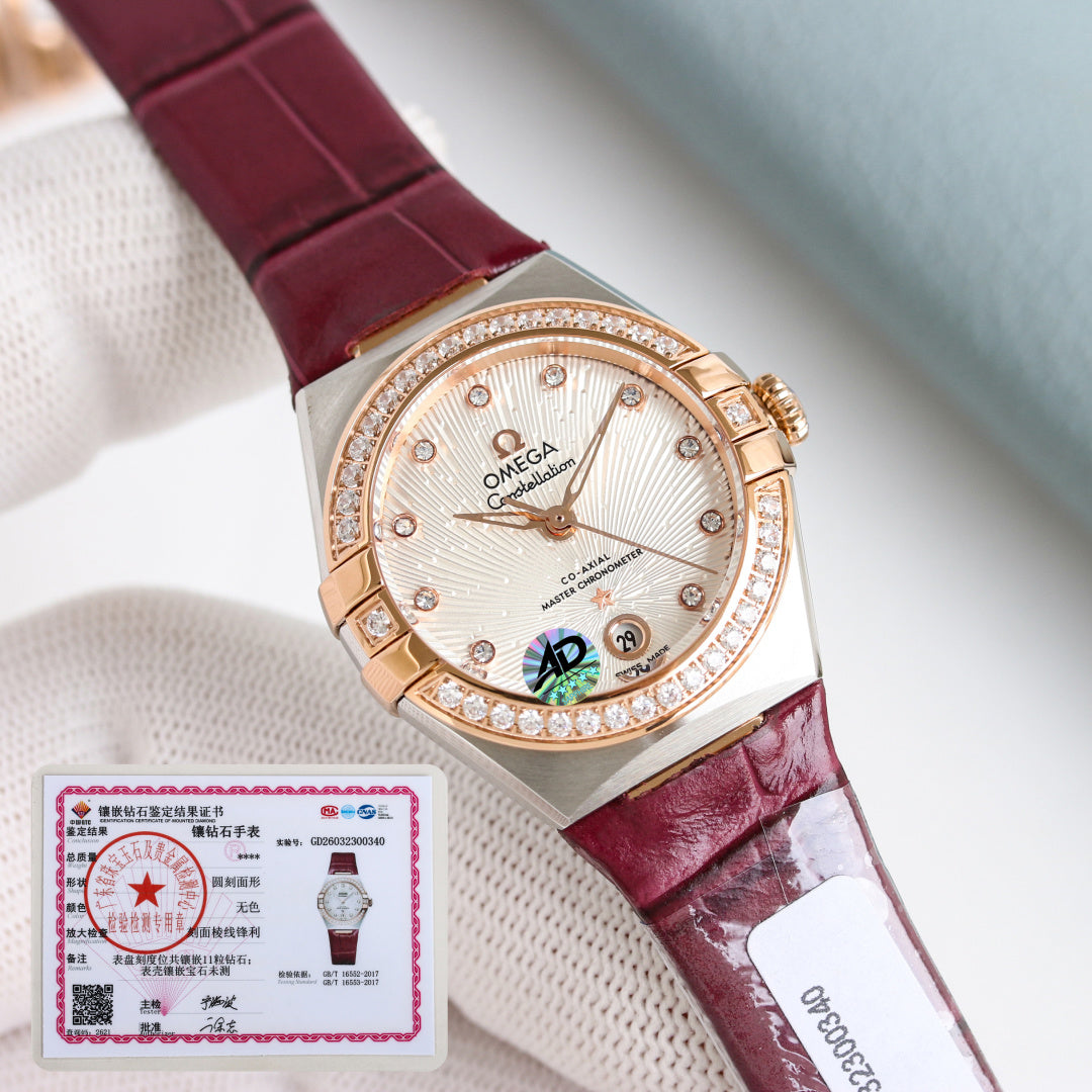 Omega Constellation 29mm Diamond Bezel Diamond Numerals Leather