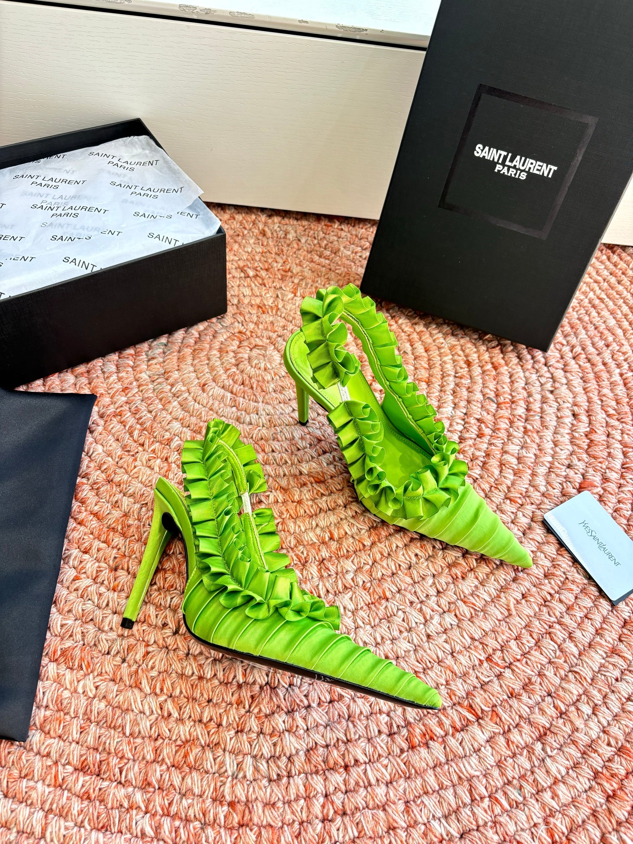 YSL 26ss Slingback Green Silk Leather 648838